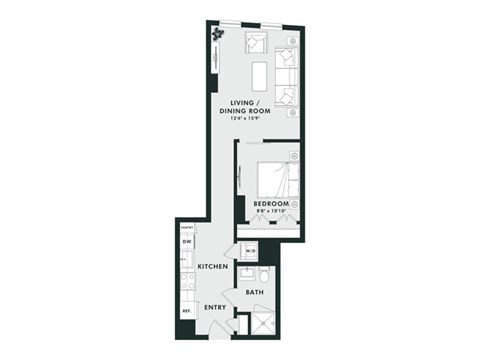 Floor plan for 1 bed, 1 bath, 610 sqft